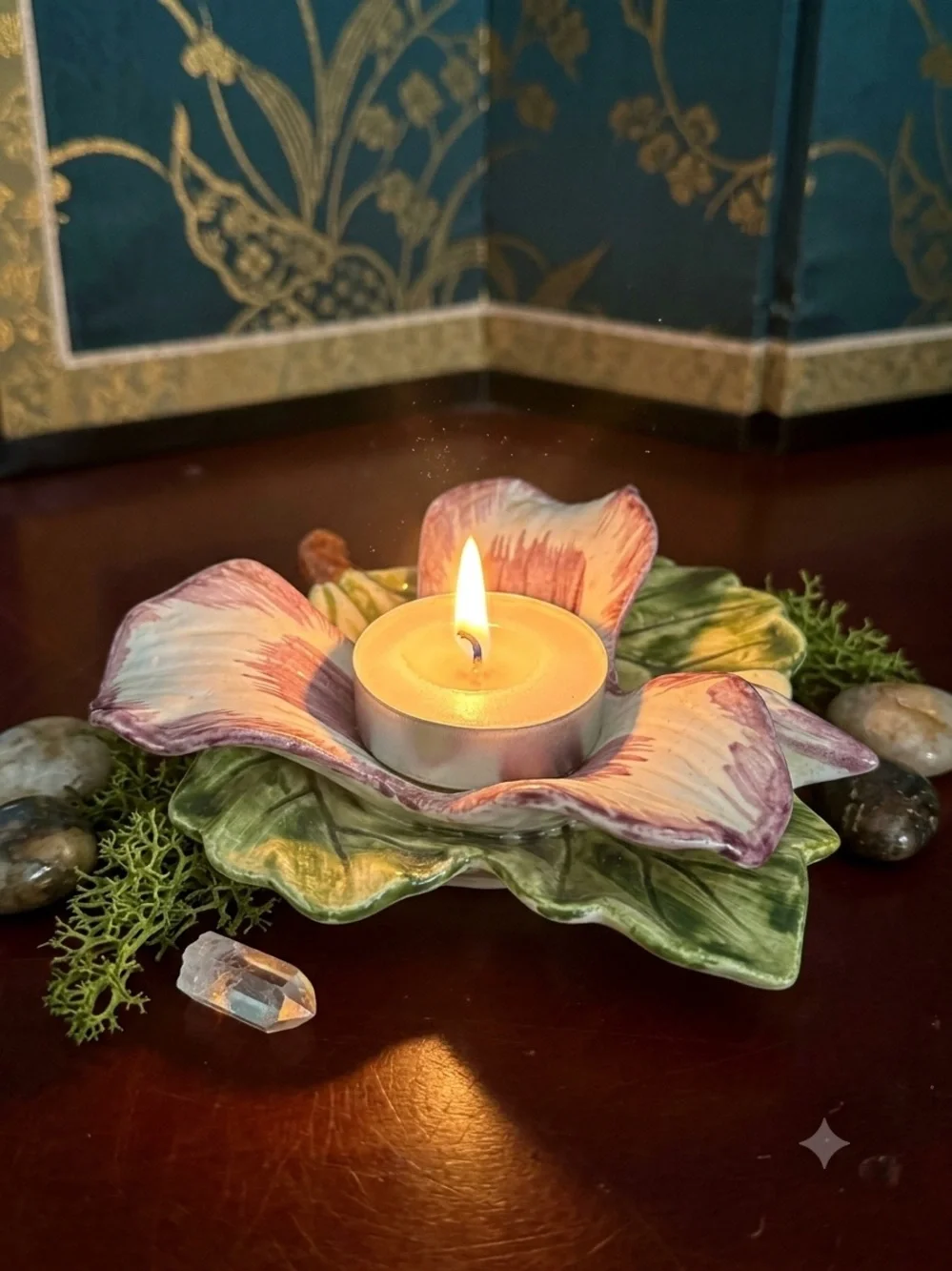 Vintage CM-Japan Floral Ceramic Tealight Holder - Pink & Green - Picture 1 of 2
